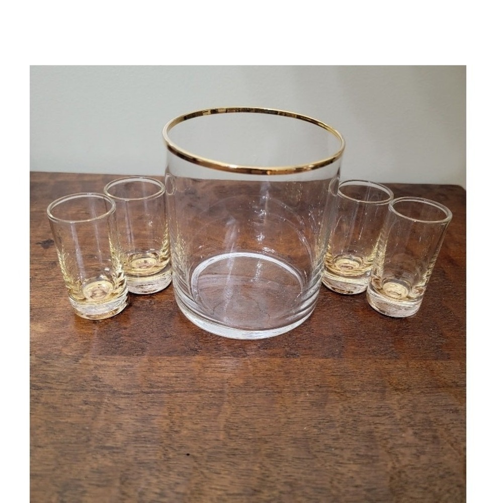 Vintage MCM Shot Glass Set w/ Holder Barware Gold‎ Tone Rim Retro